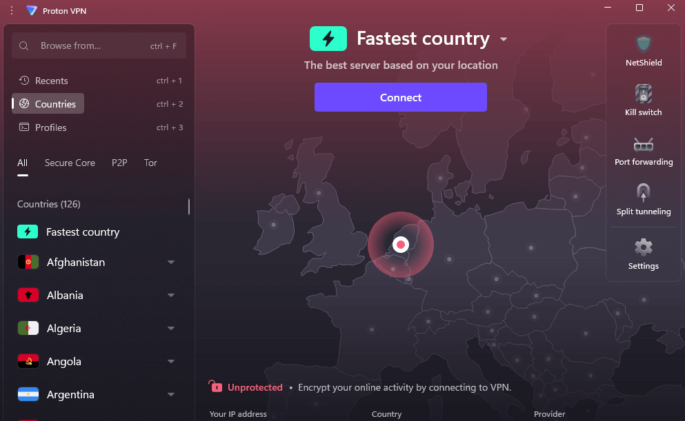Proton VPN dashboard interface - moderne gebruikersinterface met server selectie en privacy features